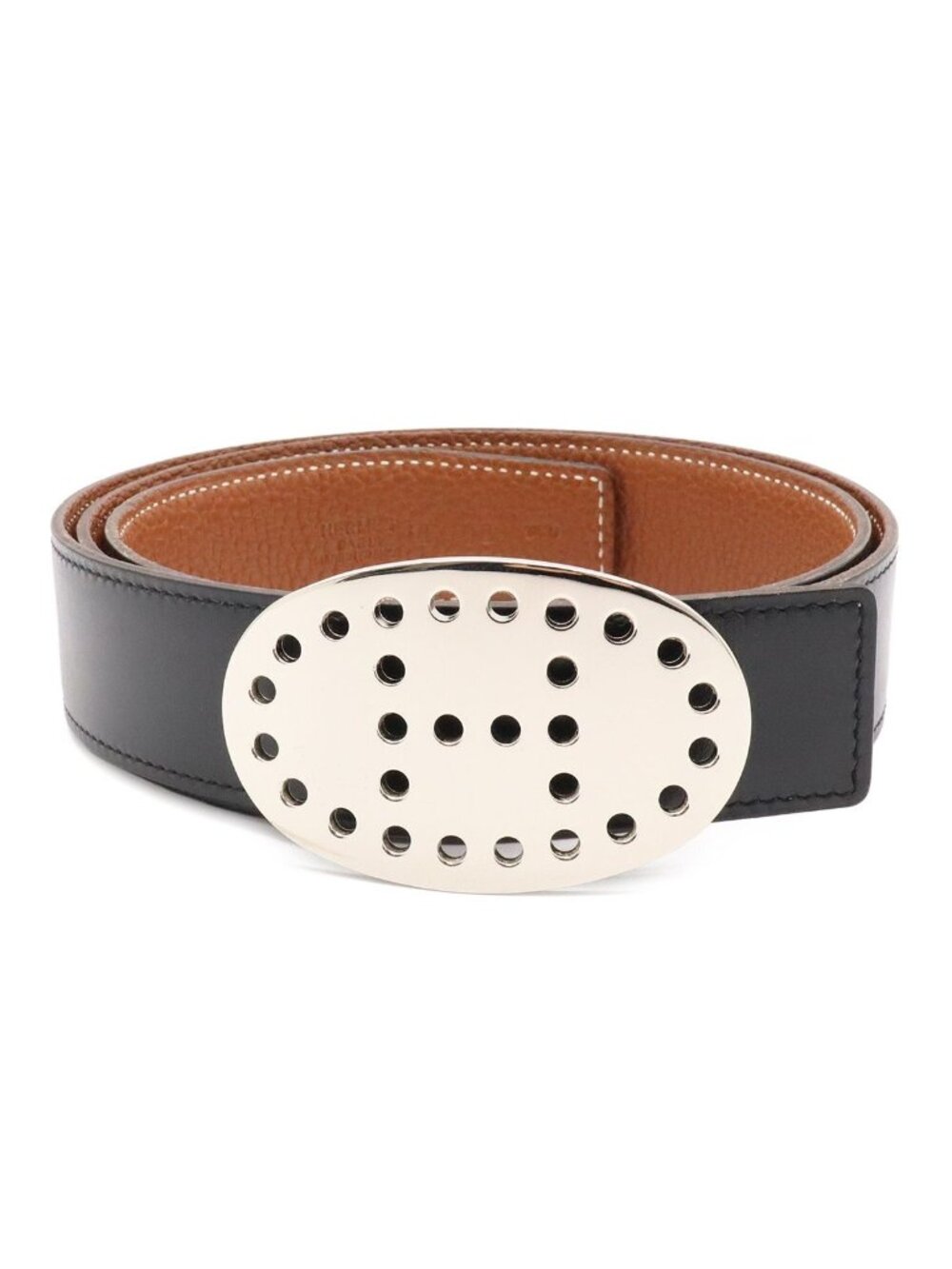 Hermes Evelyne Reversible Belt Logo Perforated Leather Black Silver 90